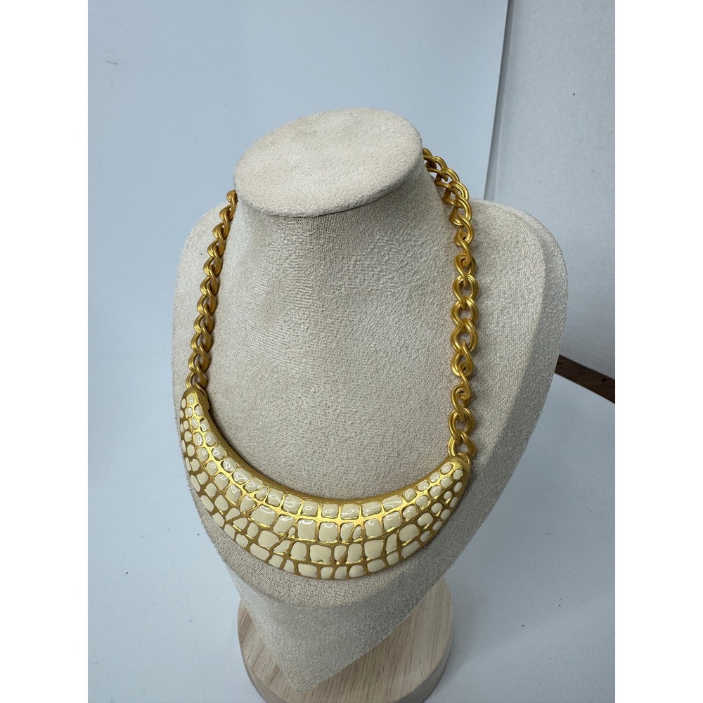 Vintage Matte Gold Tone Cream Enamel Mosaic Bib Statement Collar Necklace